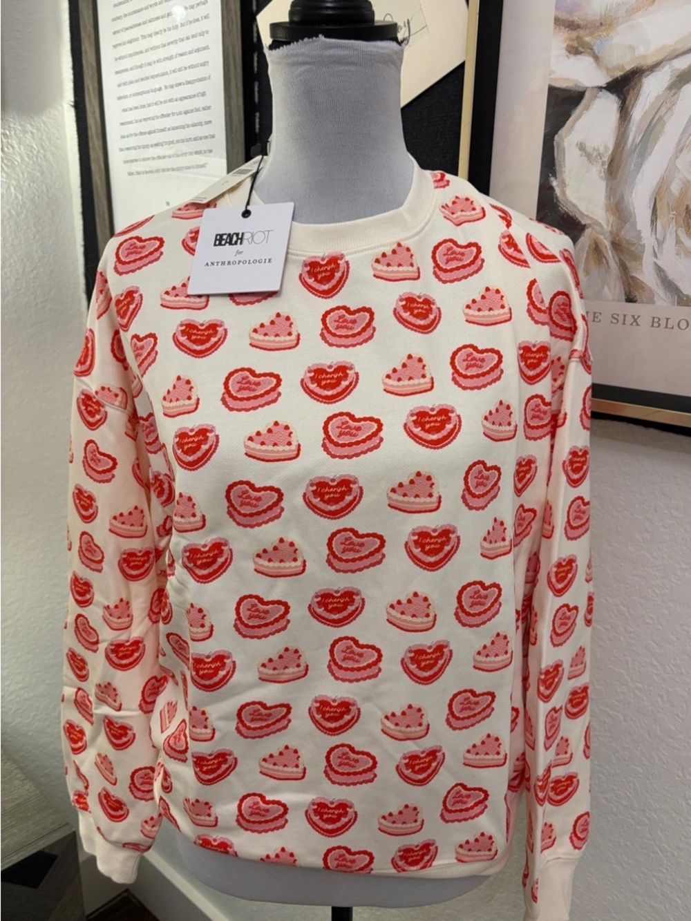 Anthropologie Beach Riot Cream Sweater with Red & Pink Heart and Cake Motifs